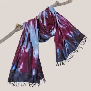 Faye Tie Dye Scarf | Tassel Fringe Rayon Wrap Scarf in Burgundy & Gray